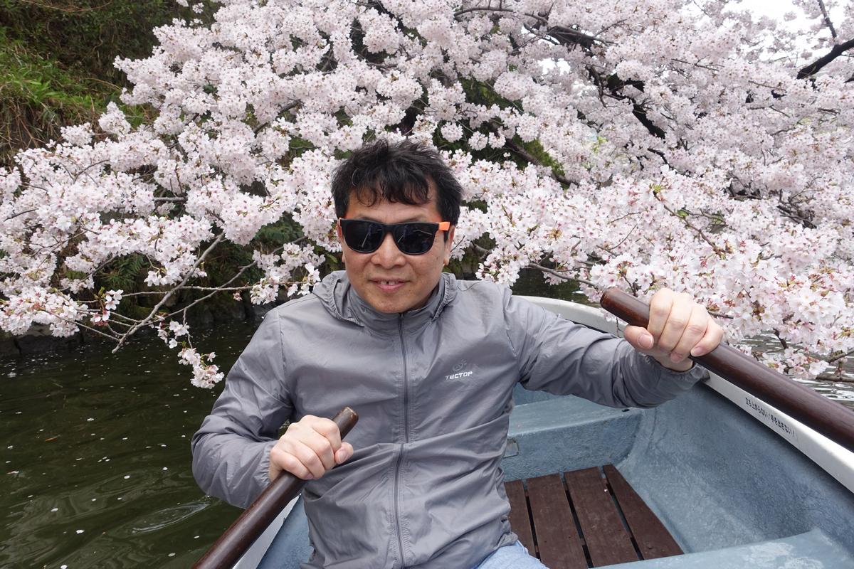 A man in a boat rows under vibrant pink and white cherry blossoms at Chidorigafuchi.