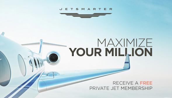 A JetSmarter ad shows a private jet and promotes a free private jet membership to "MAXIMIZE YOUR MILLION."
