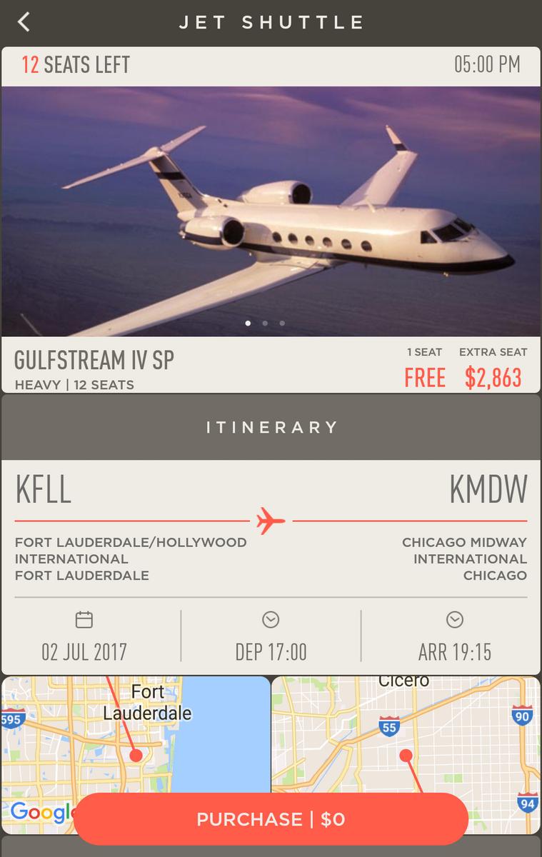 A mobile app screenshot for a private jet shuttle showing a Gulfstream IV SP flight from Fort Lauderdale to Chicago with a free seat option for $0.