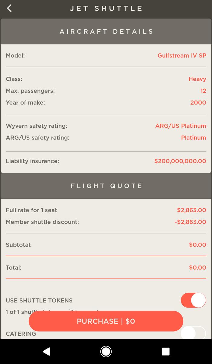 Mobile app screen showing a private jet flight booked for $0.00.