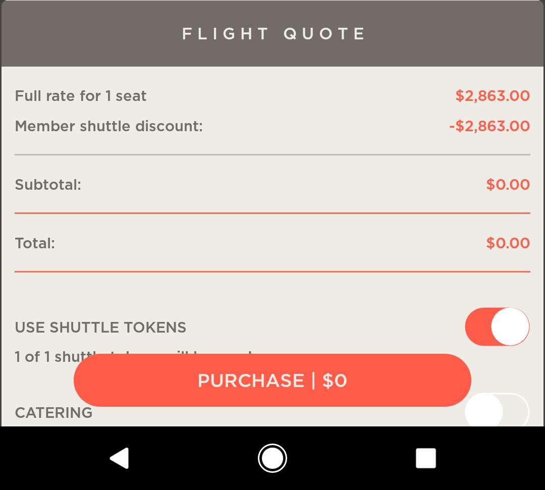 A flight quote showing a $2,863.00 seat fully discounted to $0.00 via a member shuttle discount.