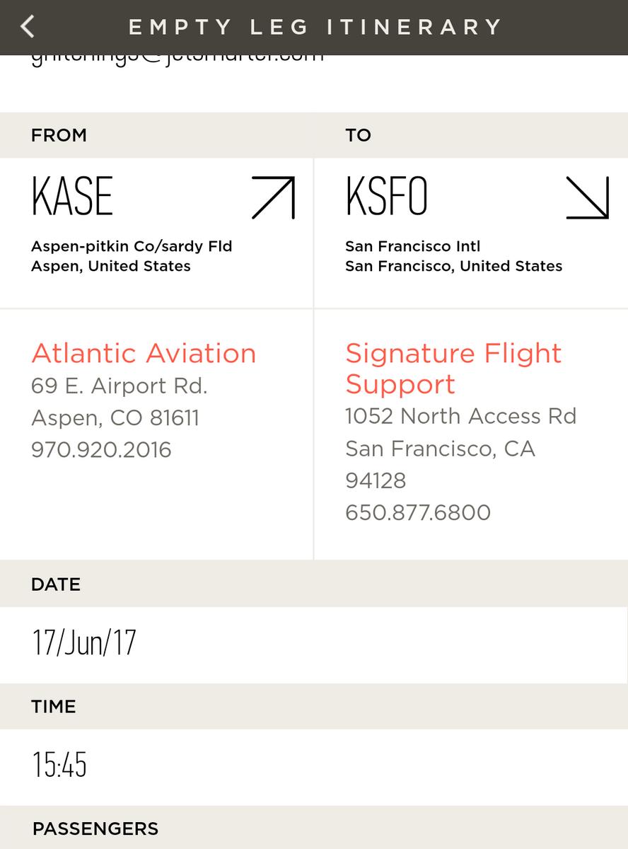 A private jet "empty leg" itinerary showing a flight from Aspen to San Francisco.