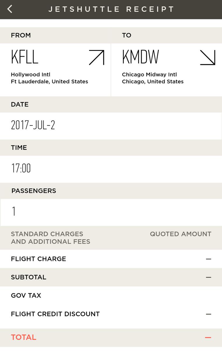 A Jetshuttle receipt for a flight from Fort Lauderdale to Chicago Midway on July 2, 2017, showing a total cost of zero.