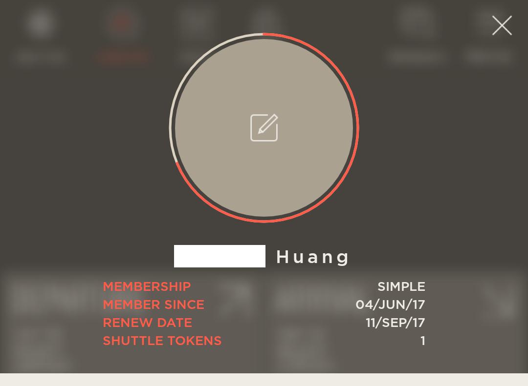 User profile showing membership details and one shuttle token.