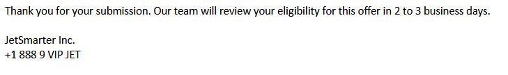 Confirmation message from JetSmarter Inc. about an offer submission.
