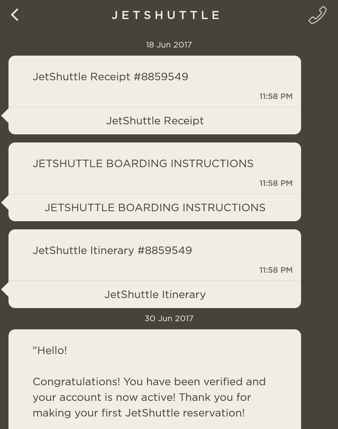 A mobile screen displays JetShuttle messages confirming a reservation, receipt, and boarding instructions.