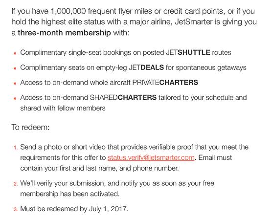 JetSmarter offer detailing a free three-month membership for elite travelers.