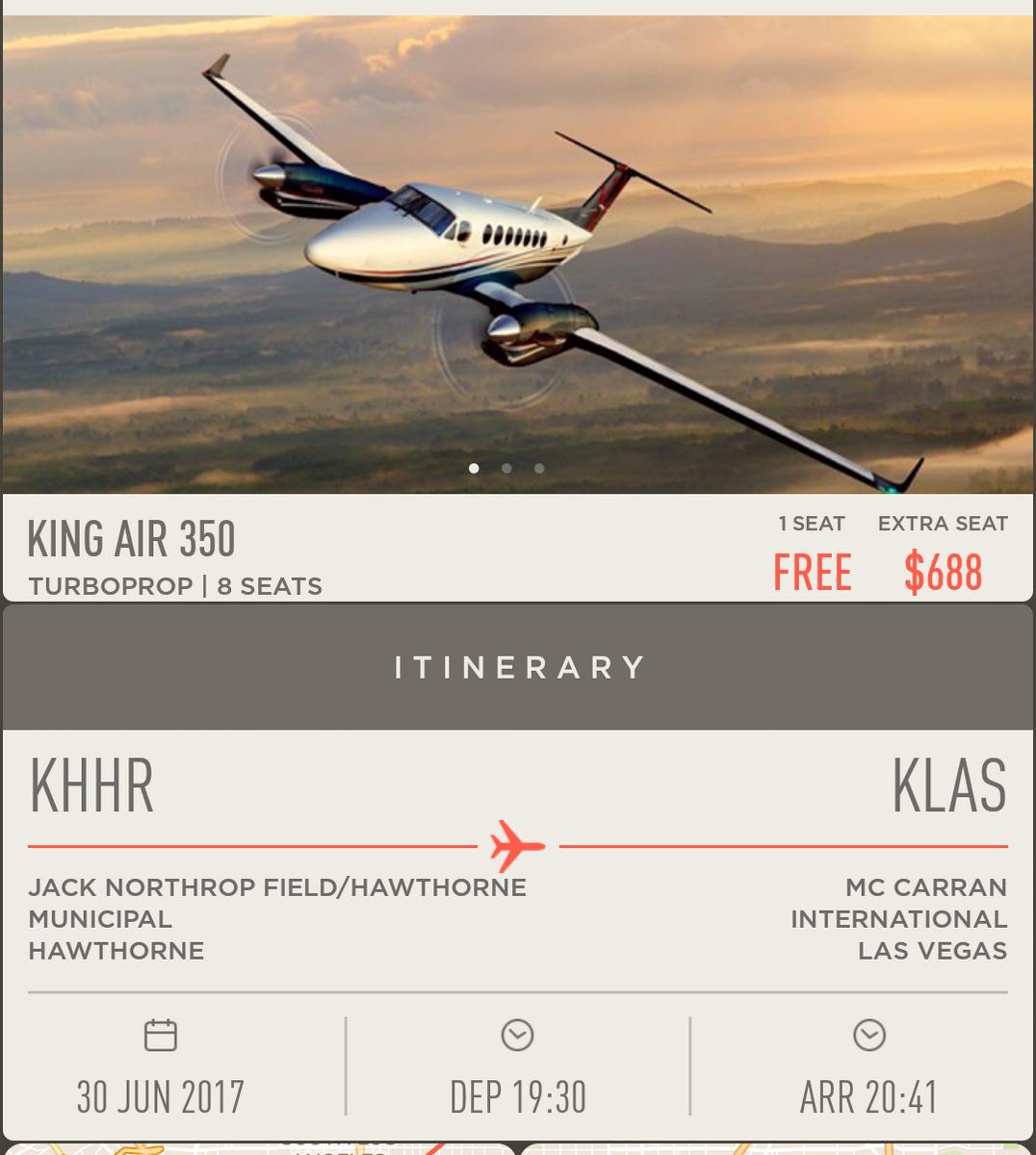 Booking details for a free private King Air 350 turboprop flight from Hawthorne to Las Vegas.