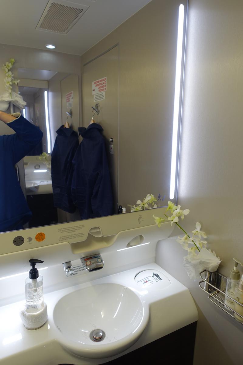 A modern and well-lit first class airplane lavatory with a sink, mirror, and fresh orchids.