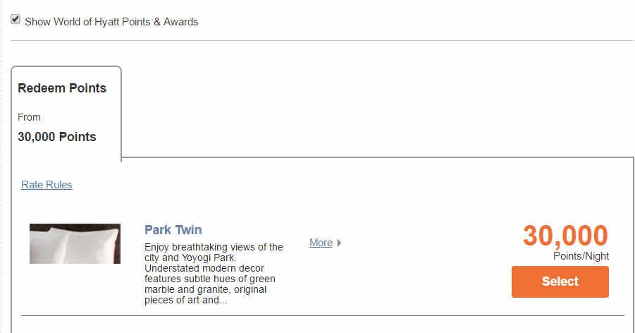 A screenshot of the Hyatt website showing a Park Twin room with Yoyogi Park views available for 30,000 World of Hyatt points per night.