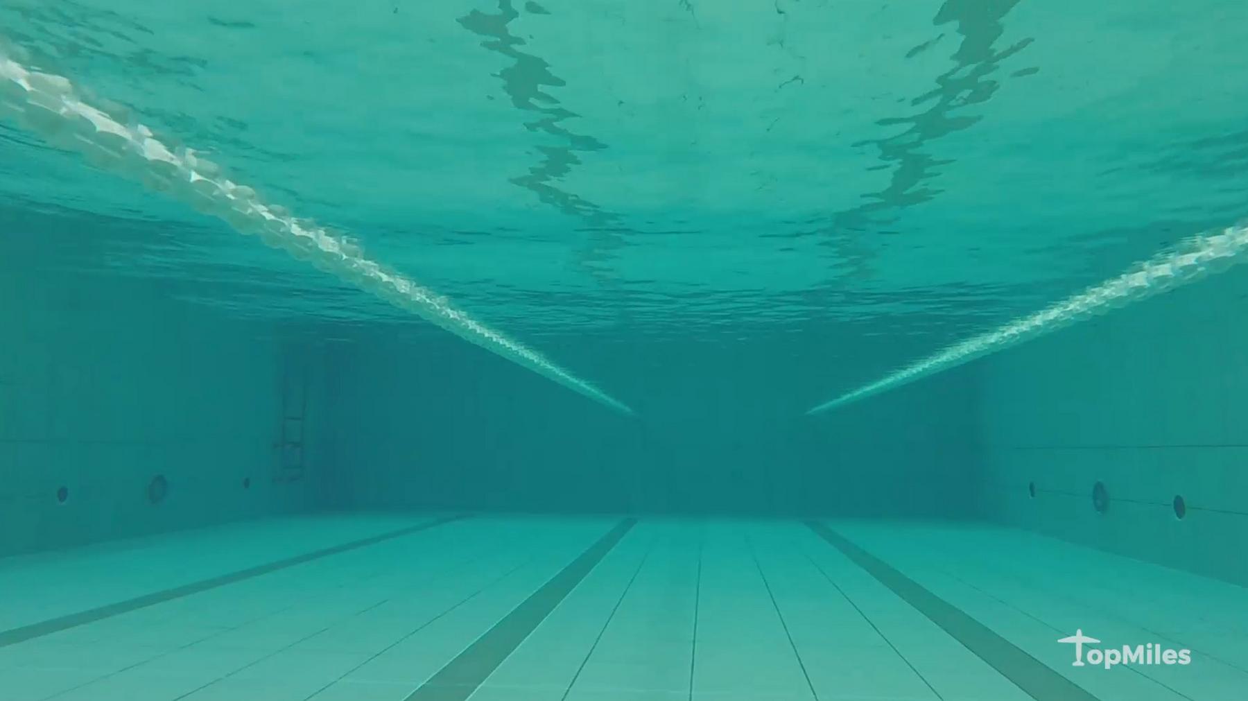Underwater view of a swimming pool with lane lines.