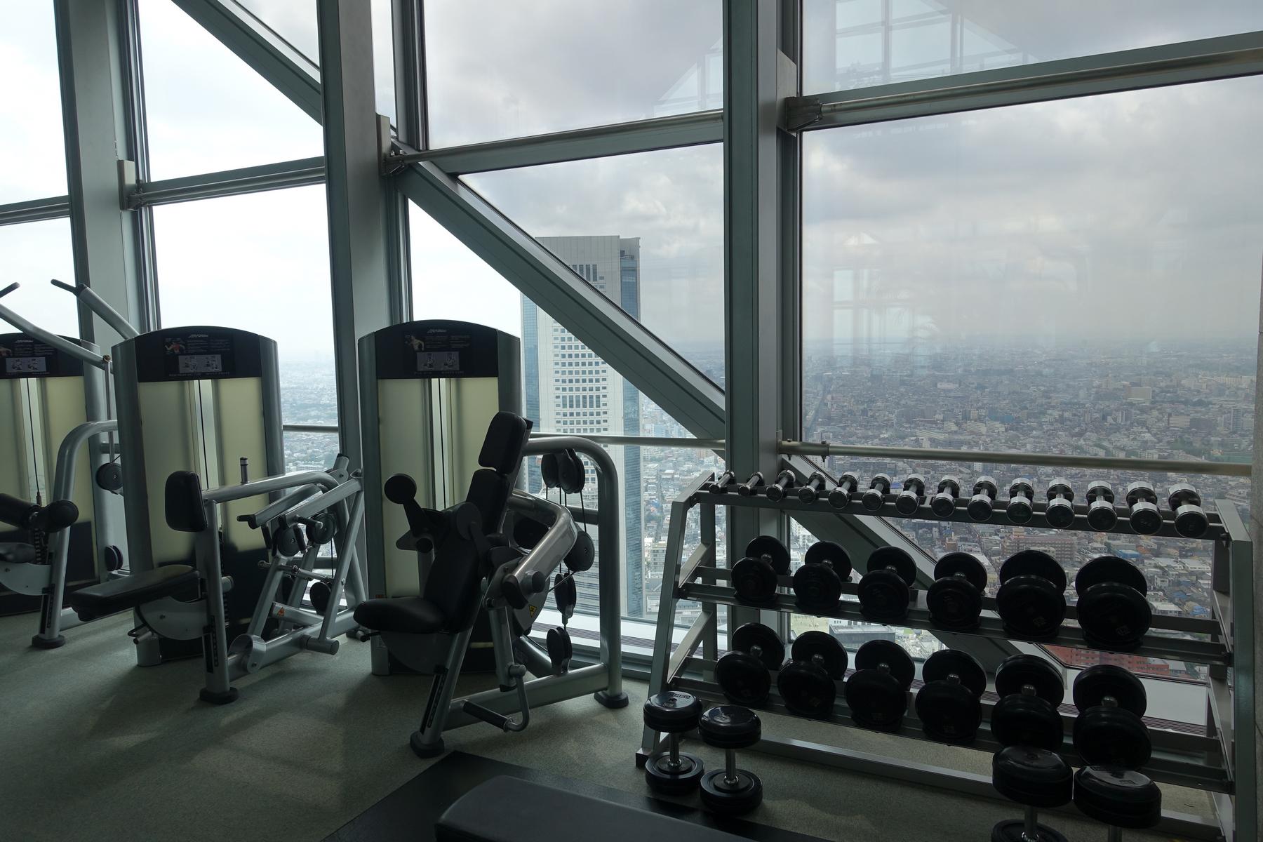 A hotel fitness center with exercise machines and dumbbells, offering a high-rise view of a cloudy city.