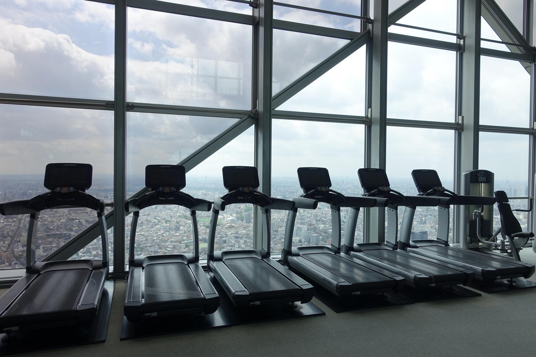 Treadmills in a high-rise fitness center with a panoramic city view.