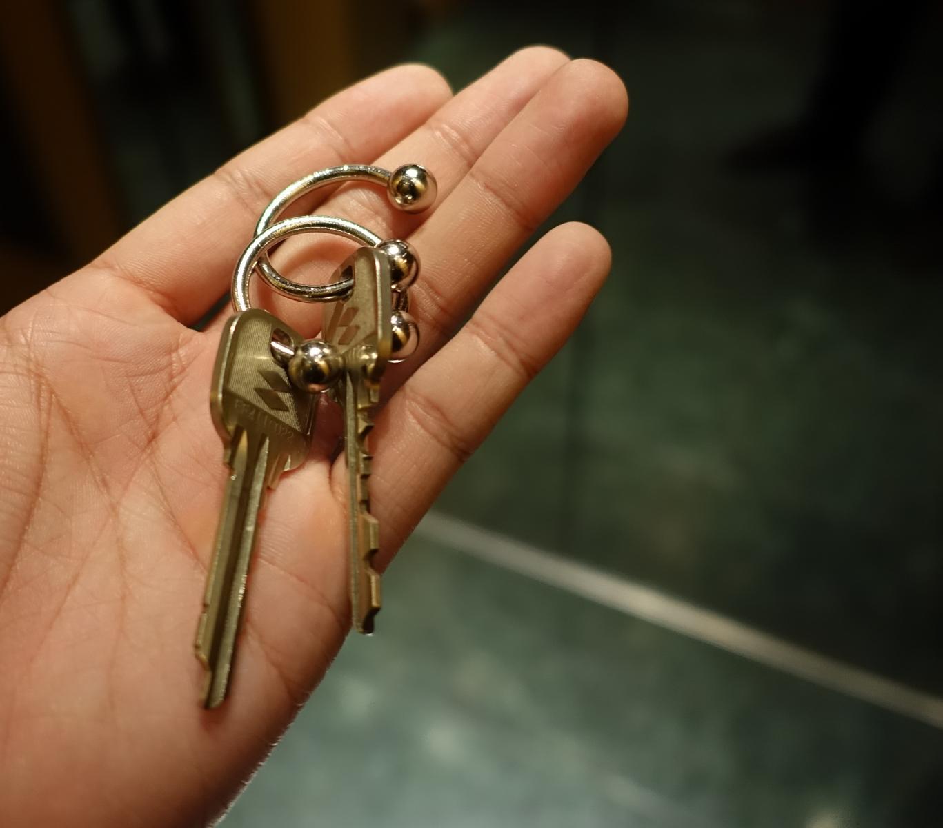 A hand holds two hotel keys on a unique metal keychain.