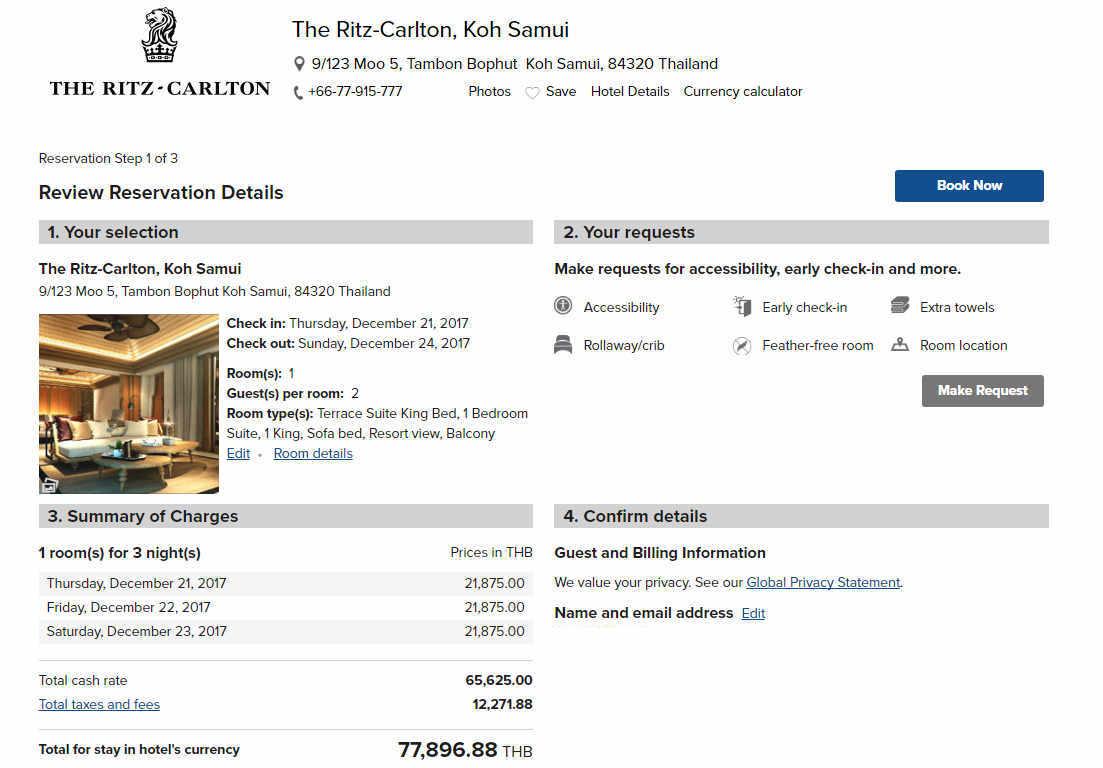 Online reservation details for a Terrace Suite King Bed at The Ritz-Carlton, Koh Samui.
