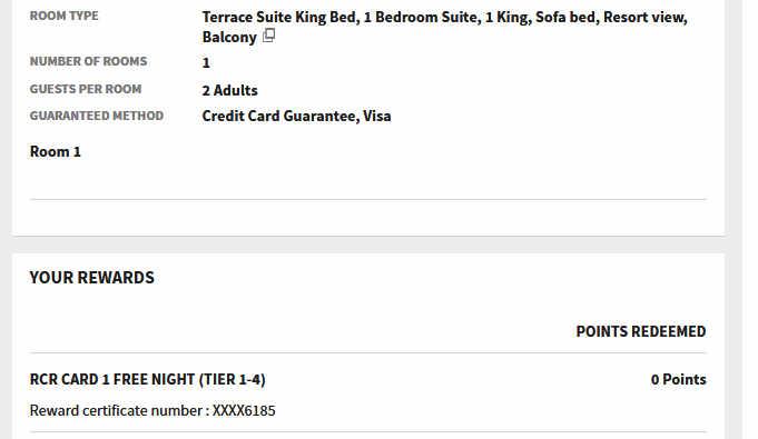 Hotel reservation details showing room type, number of guests, and reward certificate information.