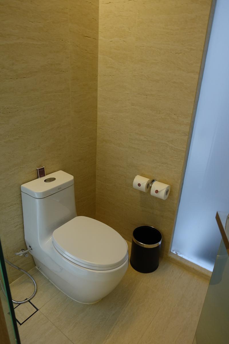 A modern hotel bathroom features a white toilet, dual toilet paper rolls, and light beige tiled walls.
