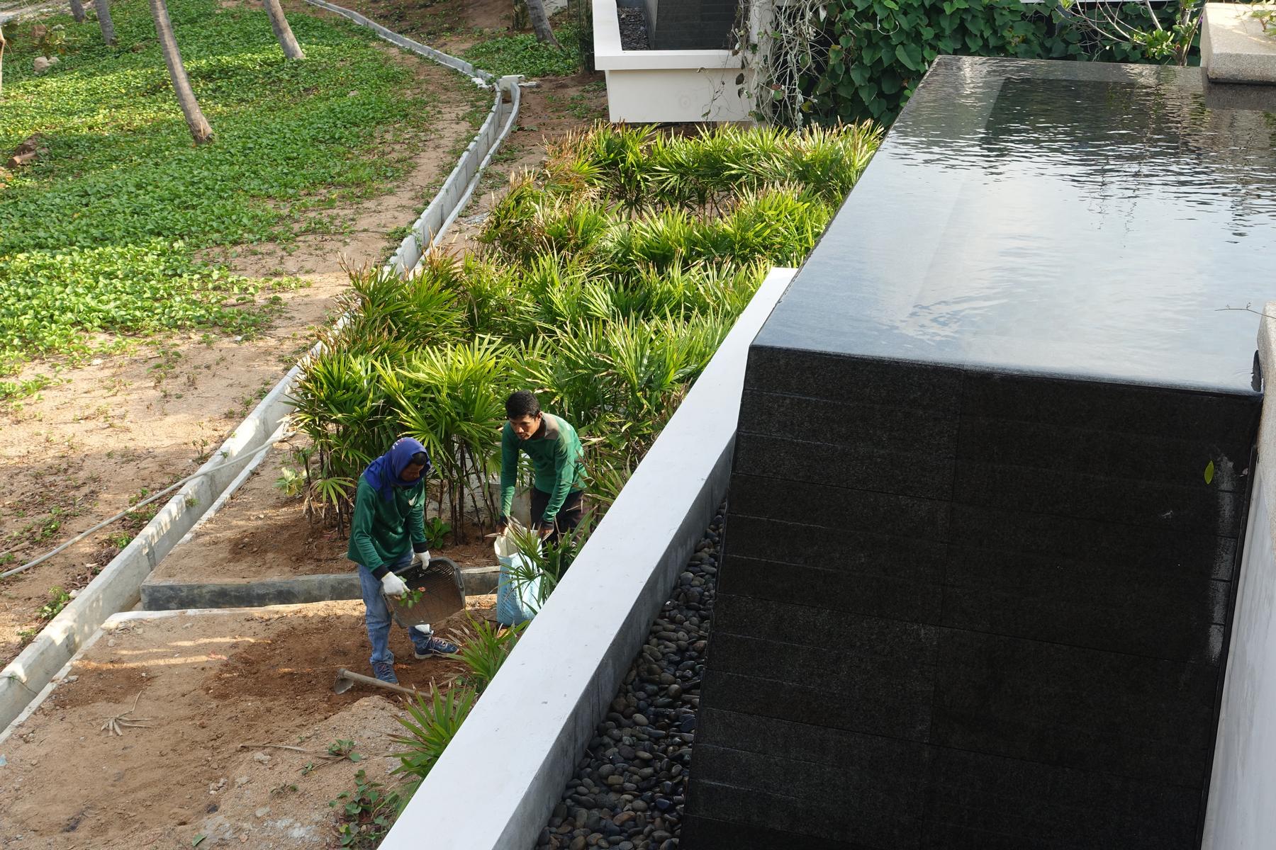 Two workers tend to landscaping next to a dark, modern water feature.