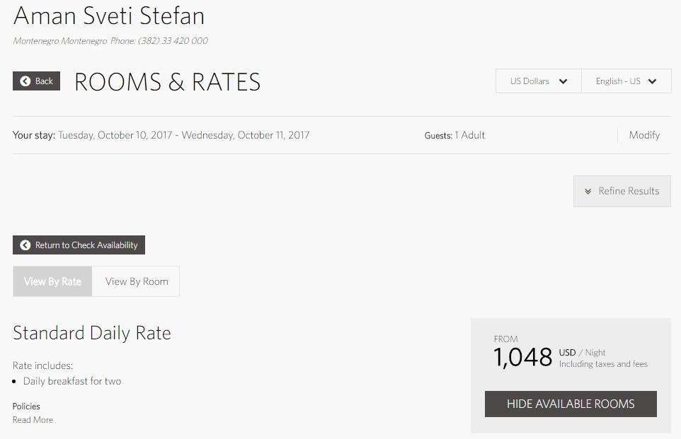 A hotel booking page for Aman Sveti Stefan showing a standard daily rate of $1,048 per night.