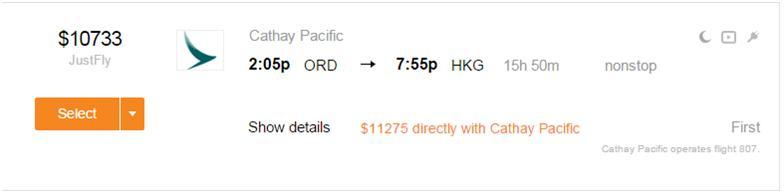 A flight search result showing a Cathay Pacific First Class flight from ORD to HKG priced at $10,733.