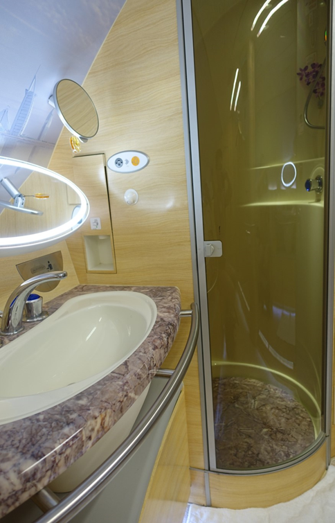 Emirates A380 First Class airplane bathroom with a sink and shower.