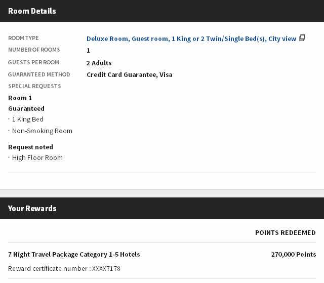 Screenshot displaying Marriott room details and a 7-night travel package redeemed for 270,000 points.