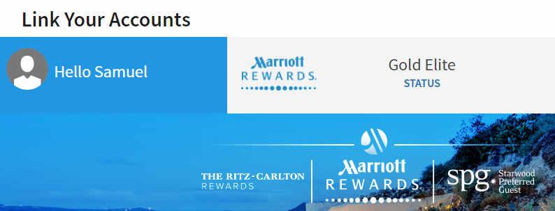 Screenshot of a "Link Your Accounts" page showing Samuel's Marriott Gold Elite status and logos for Marriott, Ritz-Carlton, and SPG.