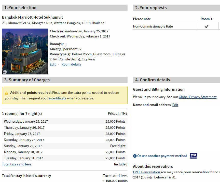 Marriott reservation summary page for Bangkok Marriott Hotel Sukhumvit showing a points redemption with a free night.