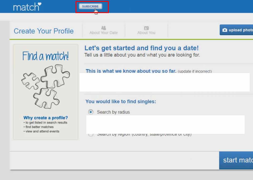 Screenshot of a Match.com profile creation page with the "SUBSCRIBE" button highlighted.
