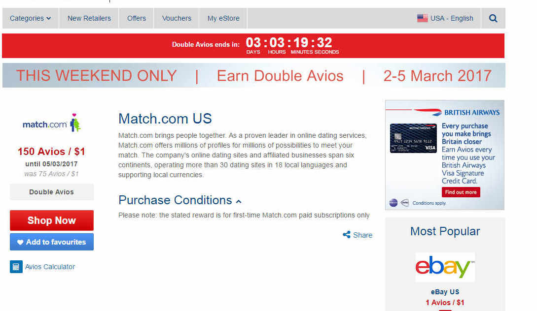 Webpage displaying a limited-time "Double Avios" offer for Match.com US, earning 150 Avios per dollar.