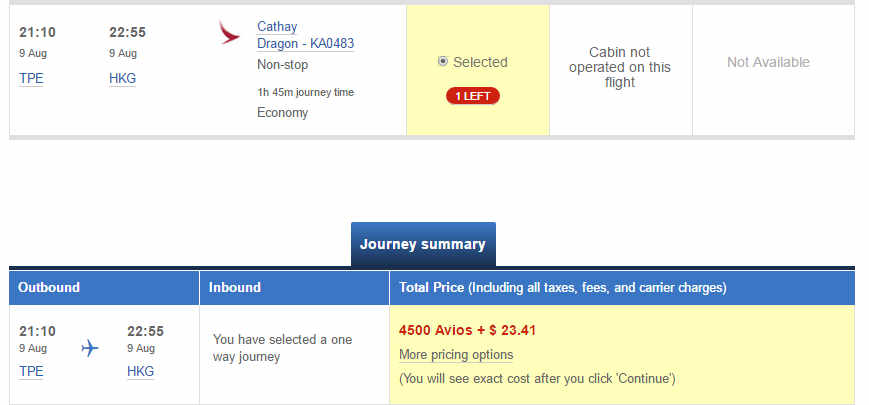 A flight booking summary showing a one-way trip costing 4500 Avios + $23.41.
