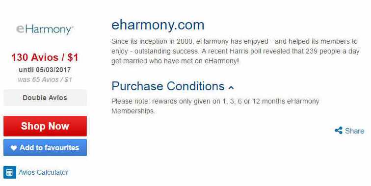 An eHarmony promotion offering 130 Avios per dollar.
