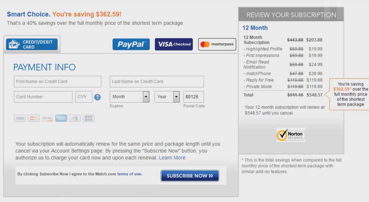 A website checkout page showing payment fields and a discounted 12-month subscription with highlighted savings.