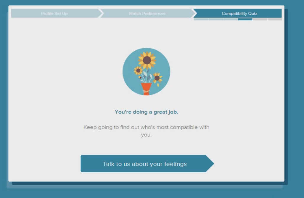 A screenshot of a "Compatibility Quiz" interface with a sunflower illustration and a "Talk to us about your feelings" button.