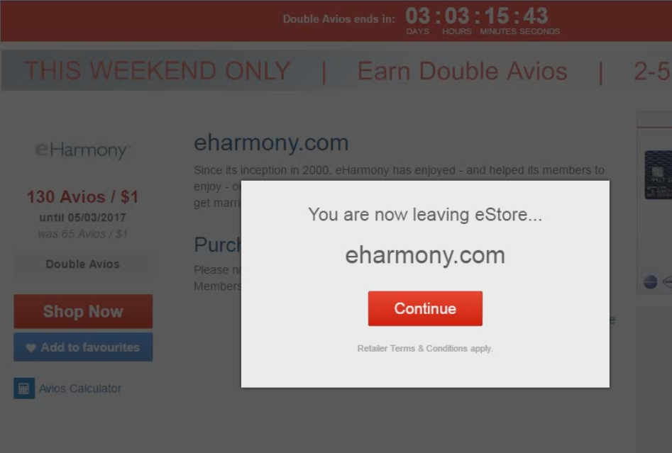 A pop-up confirms leaving an Avios eStore for an eharmony.com deal offering 130 Avios per dollar.