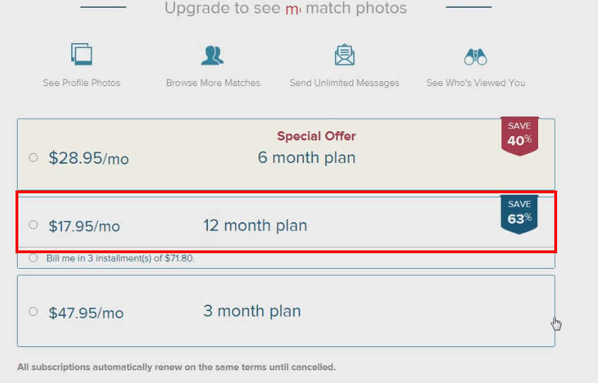 A subscription upgrade page displays various monthly plans, with the 12-month plan highlighted showing a 63% savings.