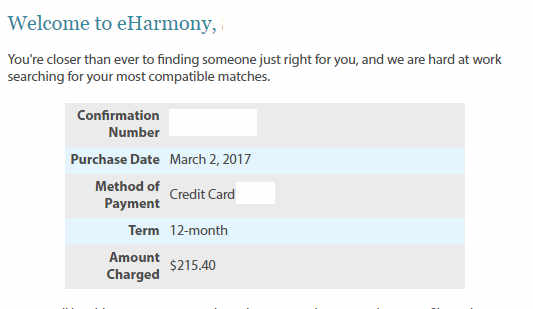 An eHarmony purchase confirmation for a 12-month subscription costing $215.40.
