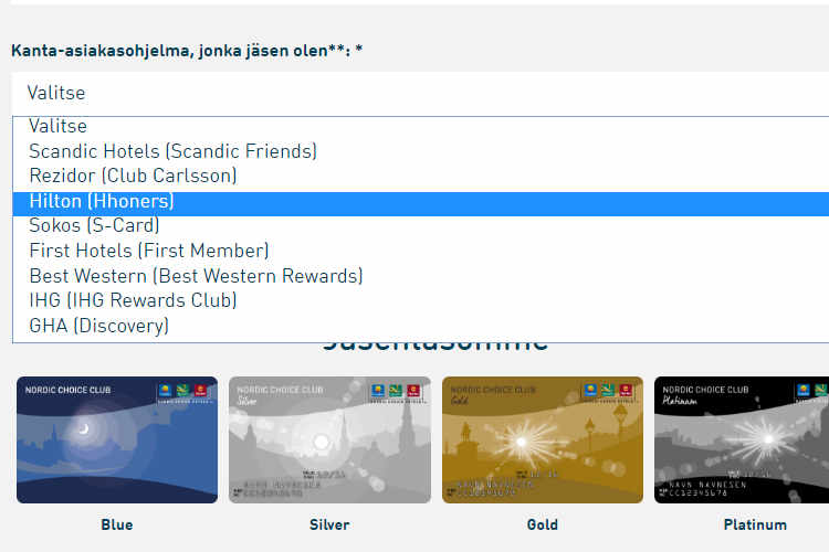 A status match form showing Hilton Hhoners selected and Nordic Choice Club card tiers.