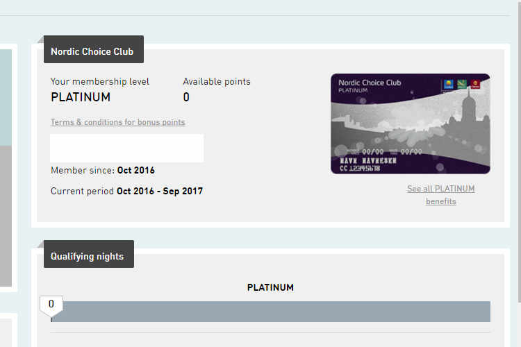 Nordic Choice Club Platinum status confirmation screen.