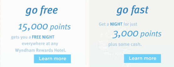 Wyndham Rewards "go free" and "go fast" options, showing free nights for 15,000 points and discounted nights for 3,000 points plus cash.