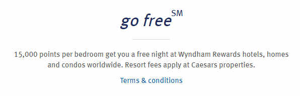 Wyndham Rewards "go free" program details: 15,000 points per bedroom for a free night.