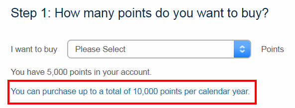 Screenshot of a Wyndham Rewards page for buying points, showing a 10,000 point annual purchase limit.