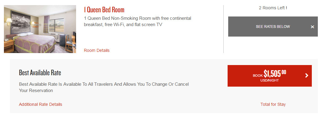 Screenshot of a hotel room booking page displaying a queen bed room and a $1,505 nightly rate.