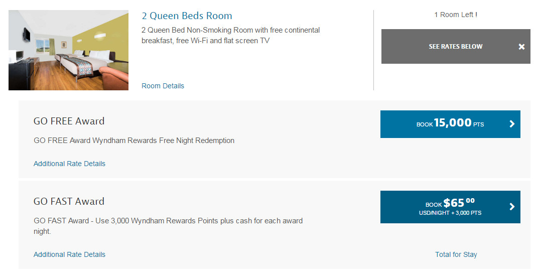 A Wyndham Rewards booking page displays a 2 Queen Beds room with options to book using 15,000 points for free or $65 plus 3,000 points.