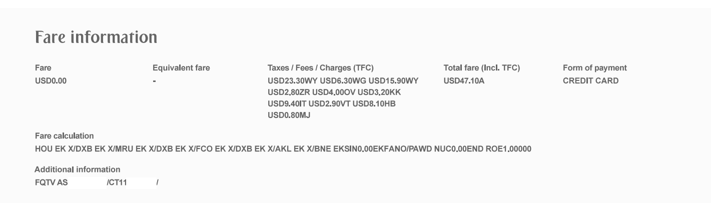 Emirates fare information displaying a USD0.00 base fare, various taxes and fees, and a USD47.10 total.