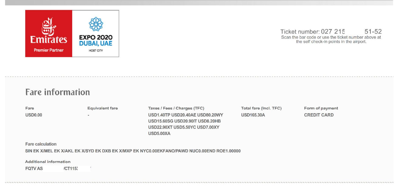 A screenshot of an Emirates fare information summary showing a total of USD 165.30 paid by credit card, alongside Emirates and Expo 2020 logos.
