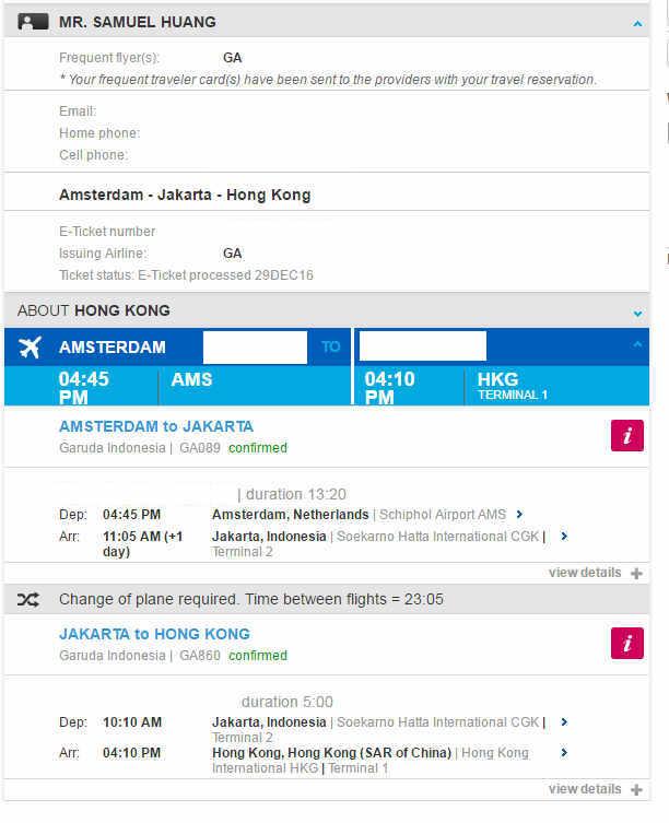 Screenshot of a confirmed Garuda Indonesia flight booking from Amsterdam to Hong Kong for Samuel Huang.