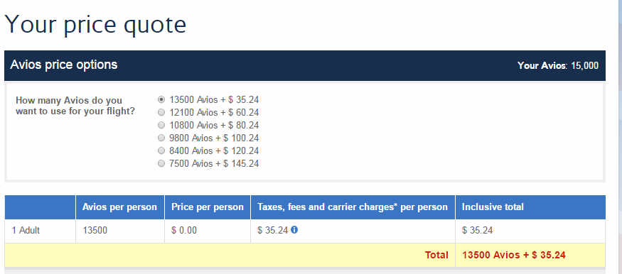 Screenshot of a flight booking showing Avios redemption options, with 13500 Avios and $35.24 selected.