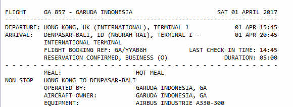A Garuda Indonesia Business class flight itinerary from Hong Kong to Denpasar-Bali on April 1, 2017.