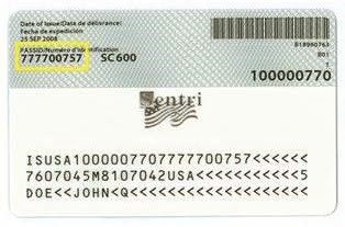 Back of a SENTRI card, a Trusted Traveler Program ID.